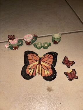 Miniature Monarch Butterfly Fairy Garden Tea Set and Figurines Resin